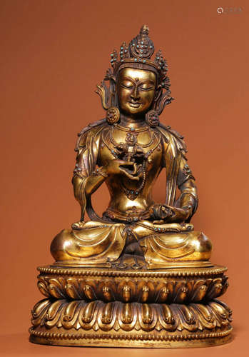 GILT BRONZE WITH GEM DECORATED BUDDHA STATUE