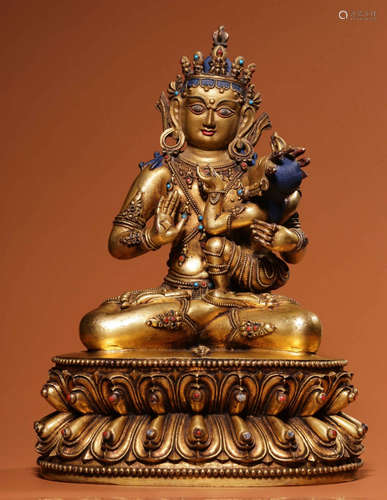 GILT BRONZE WITH GEM DECORATED BUDDHA STATUE