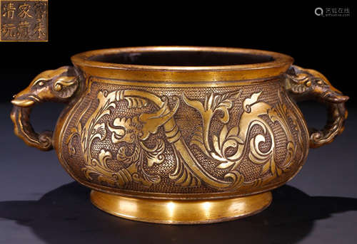 BAOZHUJIACANGQINGWAN MARK GILT BRONZE CENSER