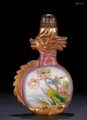 GLASS SNUFF BOTTLE PAINTED WITH LOTUS