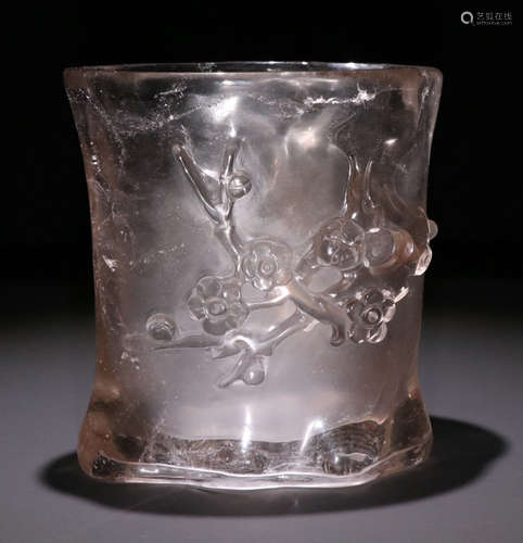 CRYSTAL BRUSH POT CARVED WITH PLUM FLOWER