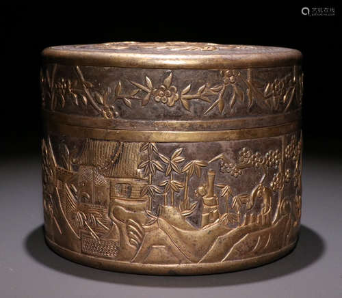 GILT SILVER JAR CARVED WITH STORY