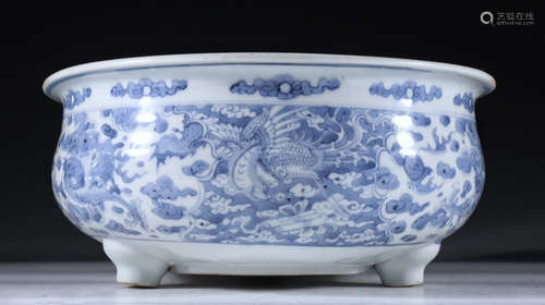 BLUE&WHITE GLAZE CENSER WITH DRAGON&PHOENIX PATTERN