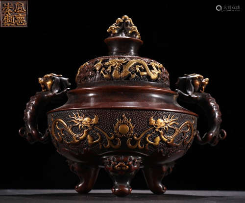 XUANDENIANZHI MARK GILT BRONZE CENSER WITH BEAST EARS