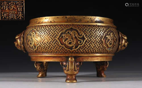 BAOZHUJIACANGQINGWAN MARK GILT BRONZE CENSER