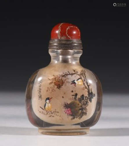 CRYSTAL SNUFF BOTTLE PAINTED WITH FLOWER&BIRD