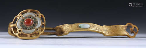 GILT BRONZE RUYI EMBEDDED WITH JADEITE&AGATE