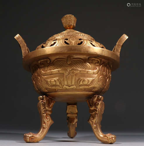 GILT BRONZE CENSER CARVED WITH FLOWER