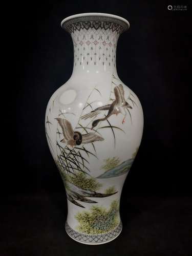 Boutique Famille Rose Reed and Goose Porcelain Vase, Liu Yuc...