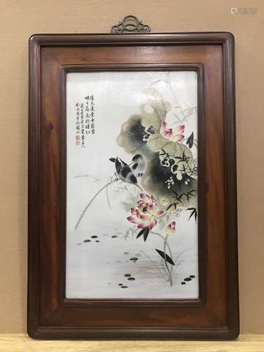 Rosewood Frame, Lotus Flower and Bird Porcelain Plate, Zhush...