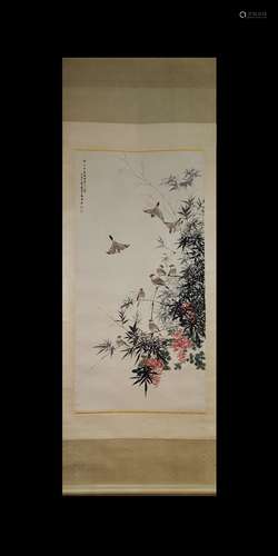 Yan Bolong Inscription, Flower and Bird Vertical Paper Paint...