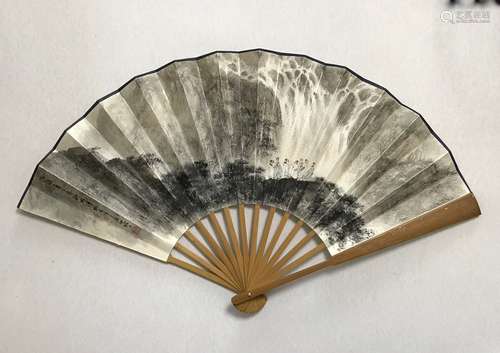 Fu Baoshi Inscription, Landscape Fan Paper Painting