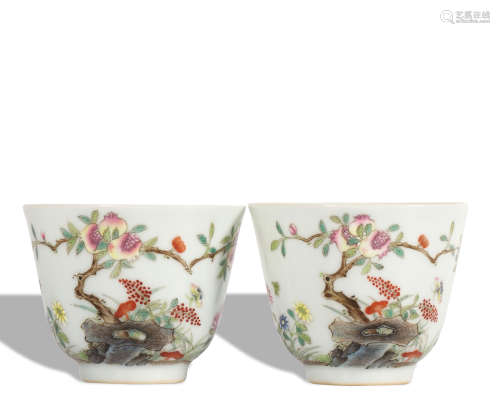 A pair of famille-rose 'floral' cup