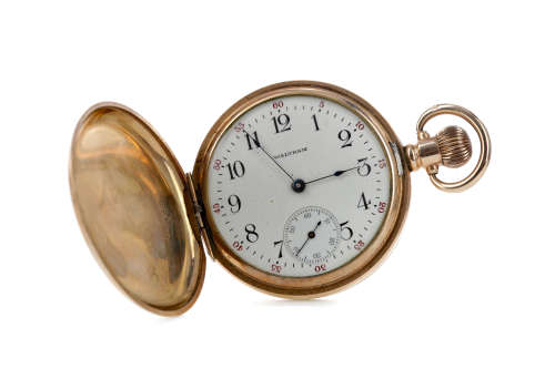 A GOLD PLATED WALTHAM FULL HUNTER POCKET WATCH AND A GOLD T-...