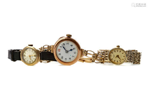 TWO LADY'S GOLD CASED WRIST WATCHES AND A SILVER GOLD PLATED...