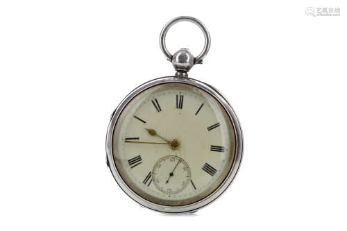 A SILVER CASED OPEN FACE POCKET WATCH WITH GOLD PLATED ALBER...