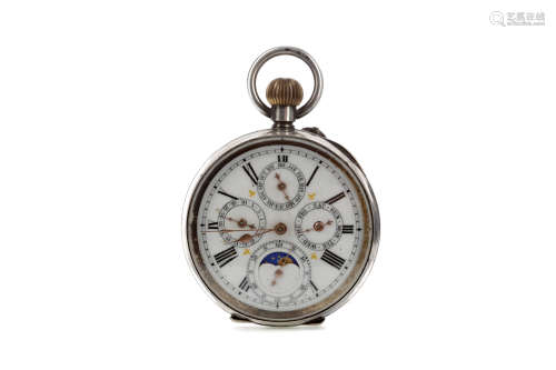A SILVER CASED OPEN FACE MOONPHASE POCKET WATCH