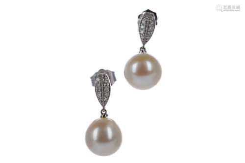 A PAIR OF PEARL AND DIAMOND EARRINGS