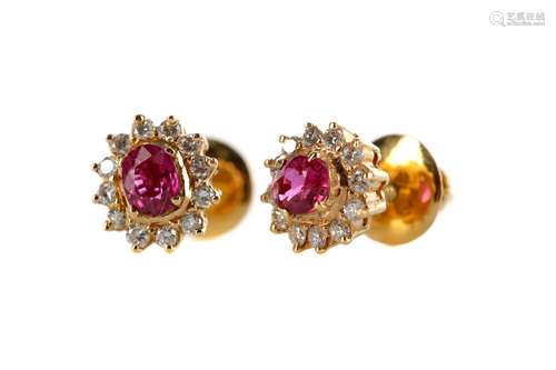 A PAIR OF RUBY AND DIAMOND CLUSTER EARRINGS