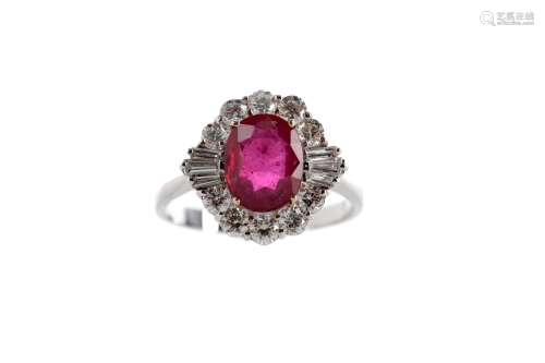 A GLASS FILLED RUBY AND DIAMOND RING