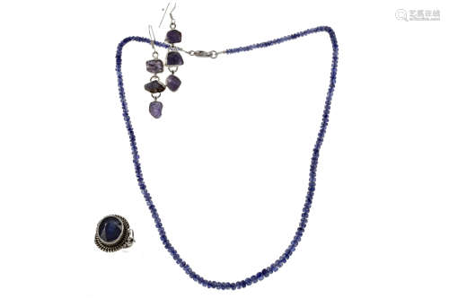 A SAPPHIRE NECKLACE AND RING ALONG WITH A PAIR OF IOLITE EAR...