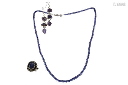 A SAPPHIRE NECKLACE AND RING ALONG WITH A PAIR OF IOLITE EAR...