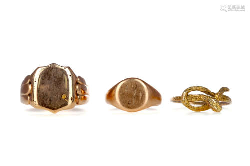 TWO SIGNET RINGS AND A SERPENT RING