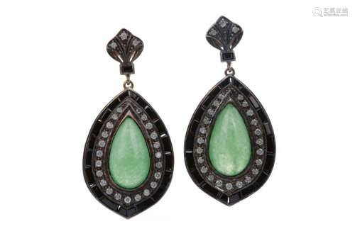 A PAIR OF JADE, ONYX AND DIAMOND EARRINGS