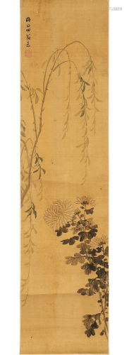 A SCROLL 'CHRSANTHEMUM AND WILLOW' PAINTING