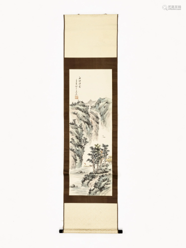 A HANGING SCROLL PAINTING OF A RIVER LANDSCAPE