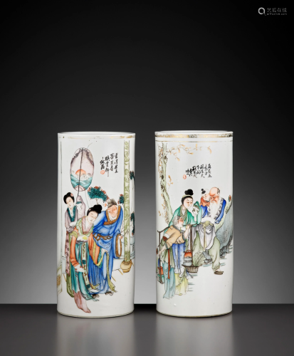 2 'SCENES FROM THE TANG COURT' CYLINDRICAL VASES