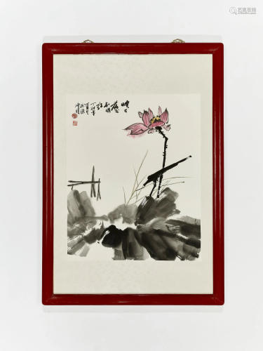 A PAINTING OF A LOTUS FLOWER, DATED 1987