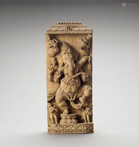 A CARVED WOOD STELE WITH GANESHA, 20TH CENTURY