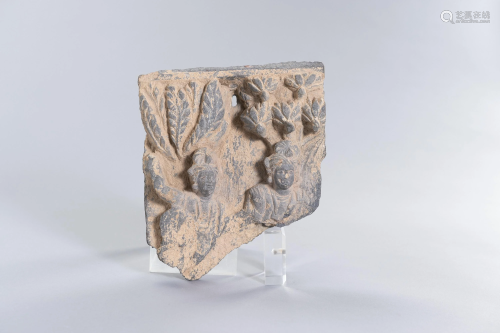 GANDHARAN SCHIST FRAGMENT WITH 2 BODHISATTVAS