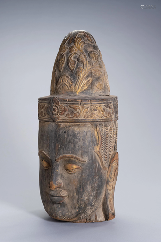 A LARGE WOOD HEAD OF BUDDHA