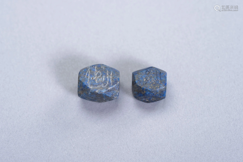 2 LAPIS LAZULI INTAGLIO BEADS WITH CHARACTERS