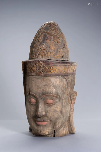 A LARGE WOOD HEAD OF BUDDHA