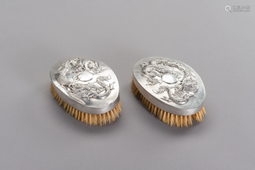 TWO CHINESE EXPORT SILVER MOUNTED CLOTHES BRUSHES