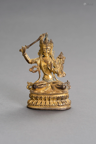 A GILT BRONZE FIGURE OF MANJUSHRI