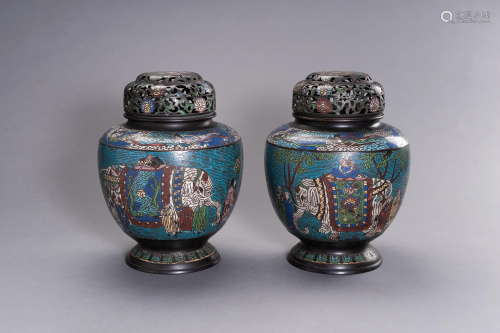 A LARGE PAIR OF CLOISONNE VASES AND COVERS