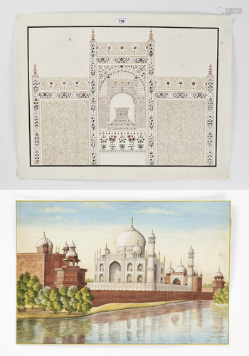 2 INDIAN COMPANY SCHOOL PAINTINGS OF TAJ MAHAL