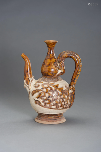 A GLAZED CERAMIC EWER WITH MYTHYCAL ANIMALS