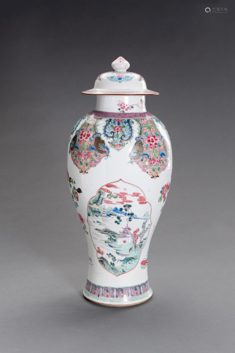 A FAMILLE ROSE ENAMELED BALUSTER VASE AND COVER