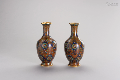 A PAIR OF GILT COPPER CLOISONNE VASES