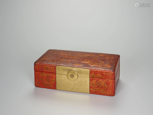 A BRASS FITTED PIG SKIN LACQUER BOX WITH SCENES