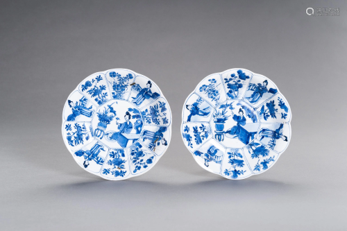 2 BLUE AND WHITE 'LADY IN GARDEN' LOBED DISHES