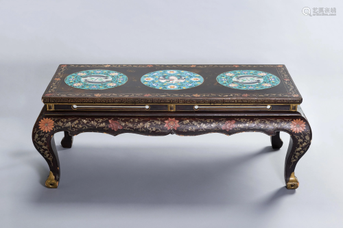 A LACQUERED COFFEE TABLE WITH CLOISONNE PLAQUES
