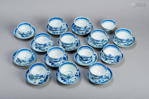 15 BLUE & WHITE CANTON TEACUPS AND 14 COASTERS