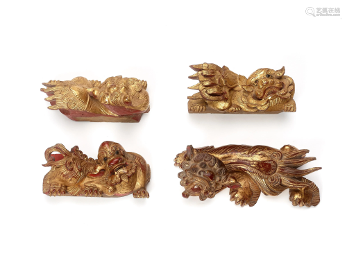 4 GILT LACQUERED BUDDHIST LION WALL HANGINGS