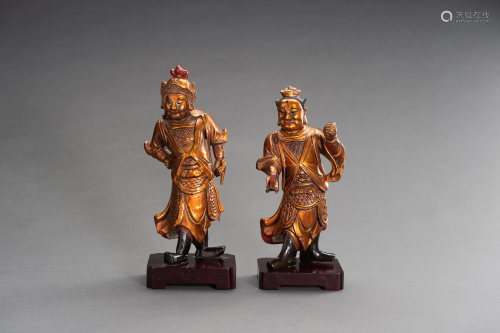 2 GILT-LACQUERED 'HEAVENLY GUARDIAN' WOOD FIGURES